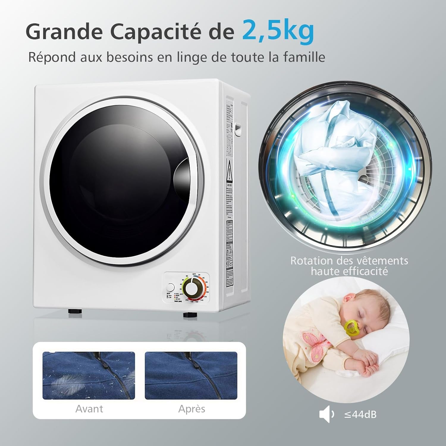 Sèche-Linge Électrique Compact 2,5KG Capacité De 42L, Sèche-Linge Portable 850W À Chargement Frontal Avec 4 Modes De Séchage Et Cuve En Acier Inoxydable, Pour Maison Appartement (Blanc)