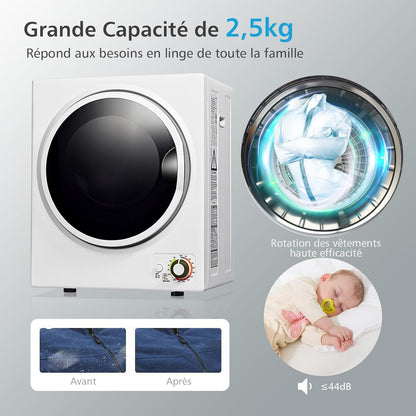 Sèche-Linge Électrique Compact 2,5KG Capacité De 42L, Sèche-Linge Portable 850W À Chargement Frontal Avec 4 Modes De Séchage Et Cuve En Acier Inoxydable, Pour Maison Appartement (Blanc)