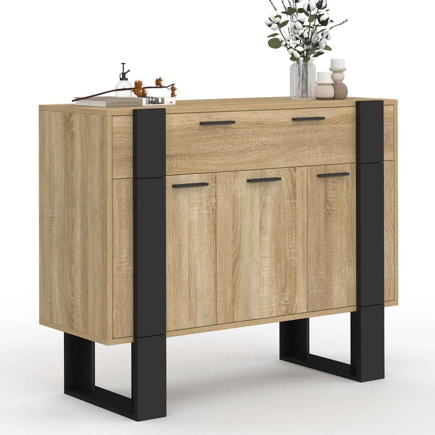 - Buffet 100 Cm Phoenix 3 Portes Et 1 Tiroir Bois Et Noir