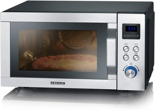 Micro-Ondes 4 En 1, 25 L, Double Gril, Mini Four Avec Fonction Pizza-Express, Micro-Ondes Avec Chaleur Tournante Jusqu'À 230 °C, Inox/Noir Mat, MW 7778