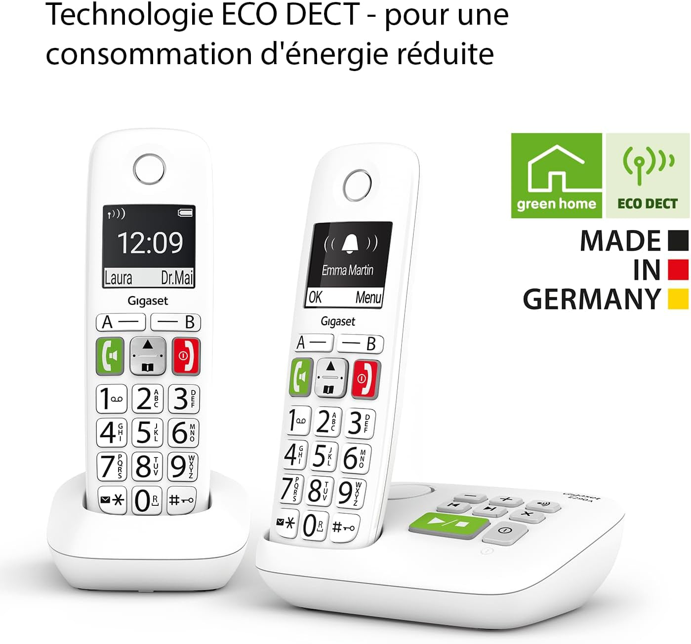 E290A Duo - Téléphone Fixe Sans Fil Blanc Avec Répondeur Intégré, 2 Combinés Avec Grand Écran Rétroéclairé, Larges Touches, Fonction Blocage D'Appels [Version Française] | DECT, Touches Rapides, Fonction D’Écoute Amplifiée, [Version Française], Fabriqué En Allemagne