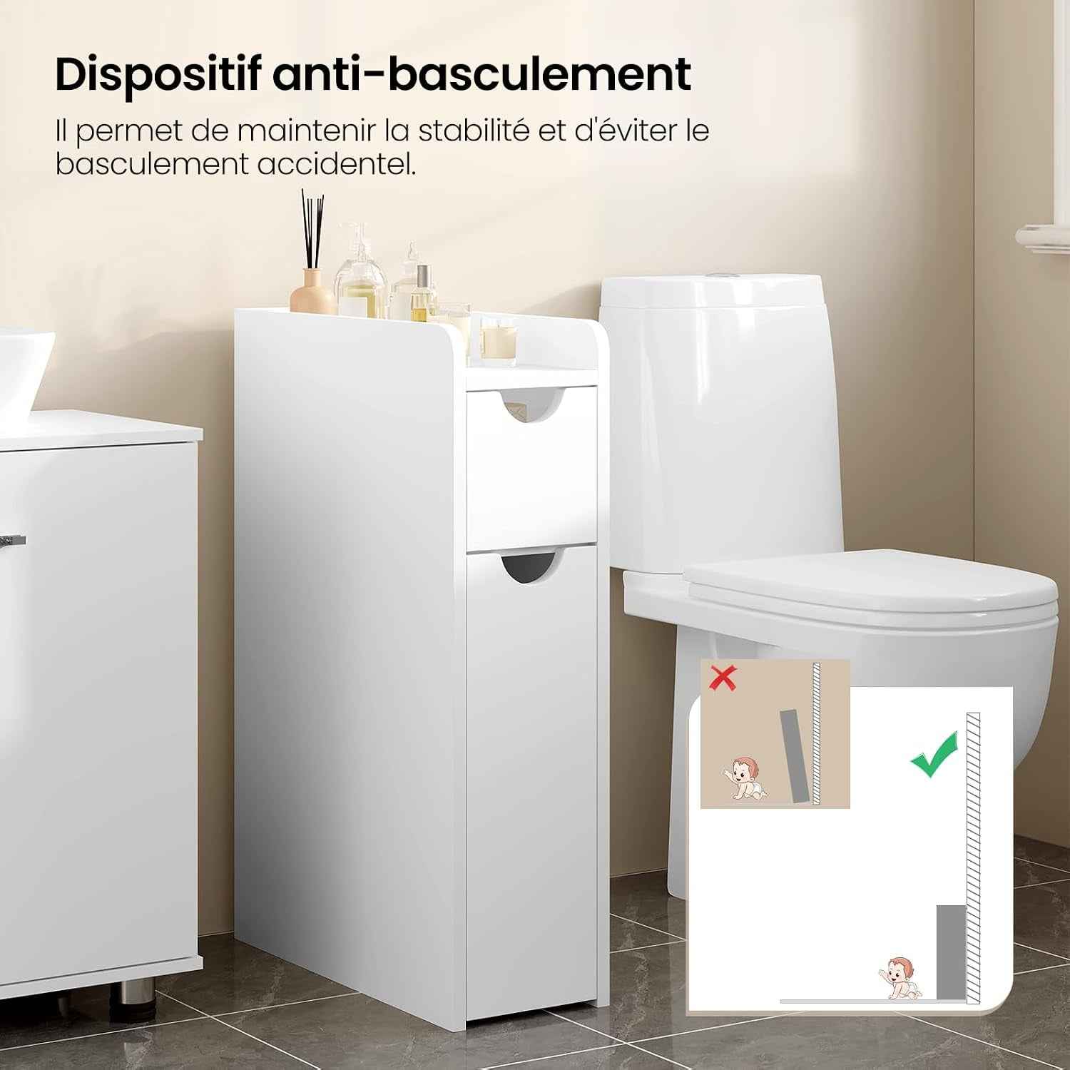 Meuble Salle De Bain, Armoire Salle De Bain Étroite, Avec 2 Tiroirs, En Bois D'Ingénierie, Blanc, 19X45X70Cm