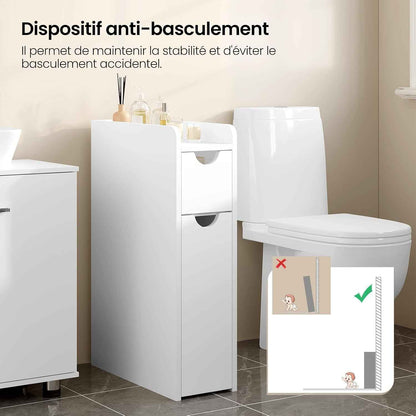 Meuble Salle De Bain, Armoire Salle De Bain Étroite, Avec 2 Tiroirs, En Bois D'Ingénierie, Blanc, 19X45X70Cm