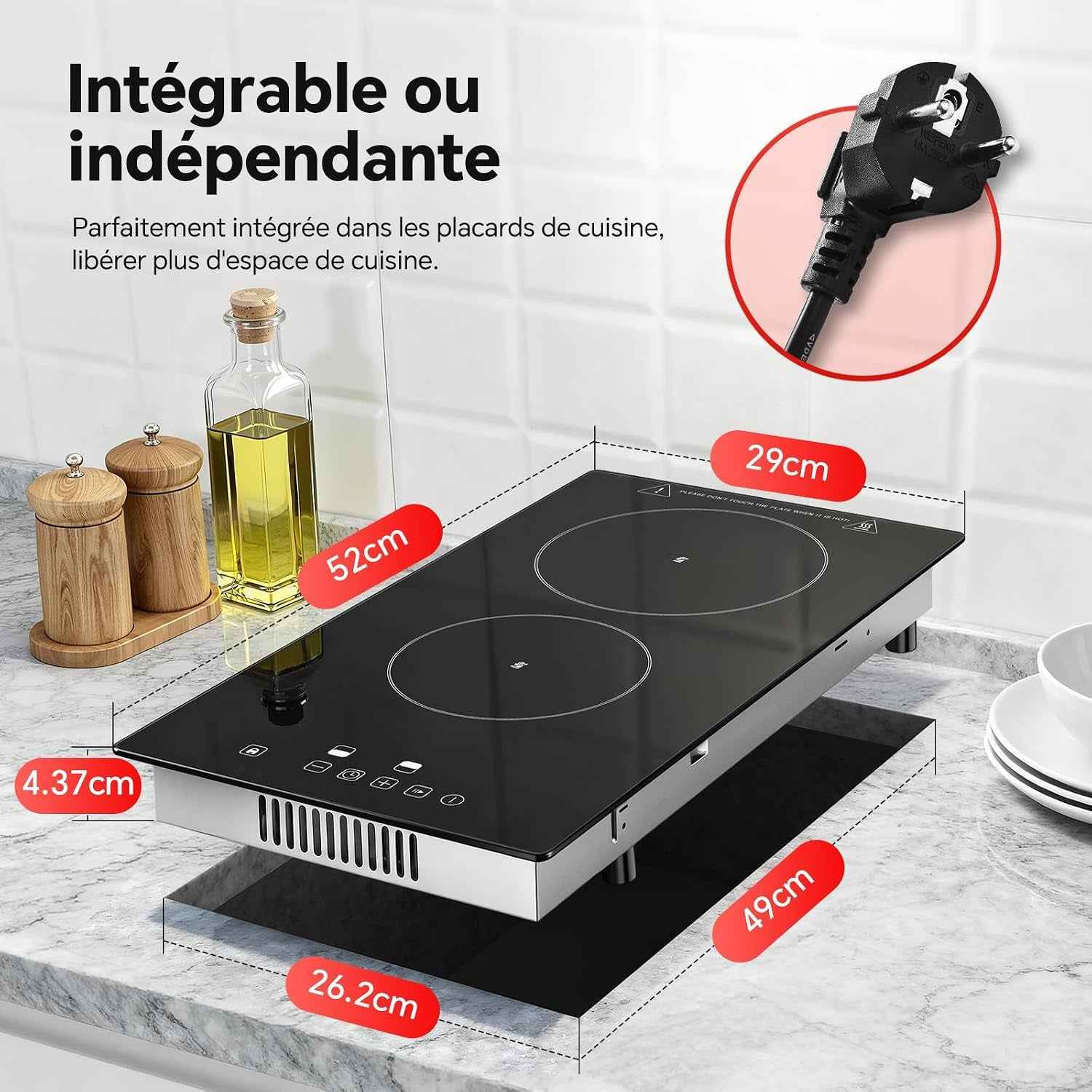Plaque Vitrocéramique 2 Feux, Plaque De Cuisson Electrique 3000W | Avec Prise, 30Cm Encastrable/Portable, 9 Niveaux, Commande Tactile, Arrêt Automatique, Pour Toutes Les Poêles
