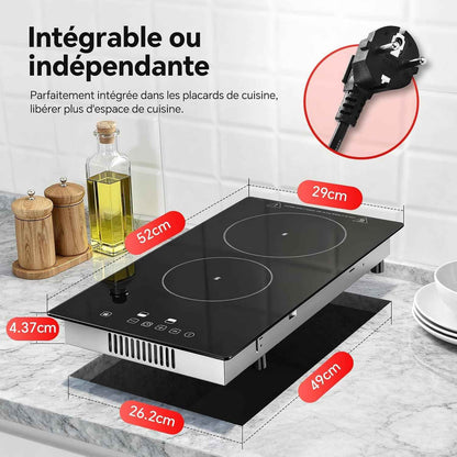 Plaque Vitrocéramique 2 Feux, Plaque De Cuisson Electrique 3000W | Avec Prise, 30Cm Encastrable/Portable, 9 Niveaux, Commande Tactile, Arrêt Automatique, Pour Toutes Les Poêles