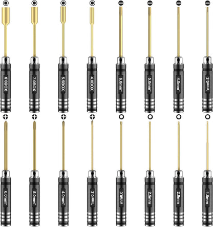 Kit D'Outils Pour Voiture Télécommandée – 16 Pièces Comprenant Des Outils Plats Et Phillips, Hexagonaux En Acier Titane, Avec Sac De Rangement