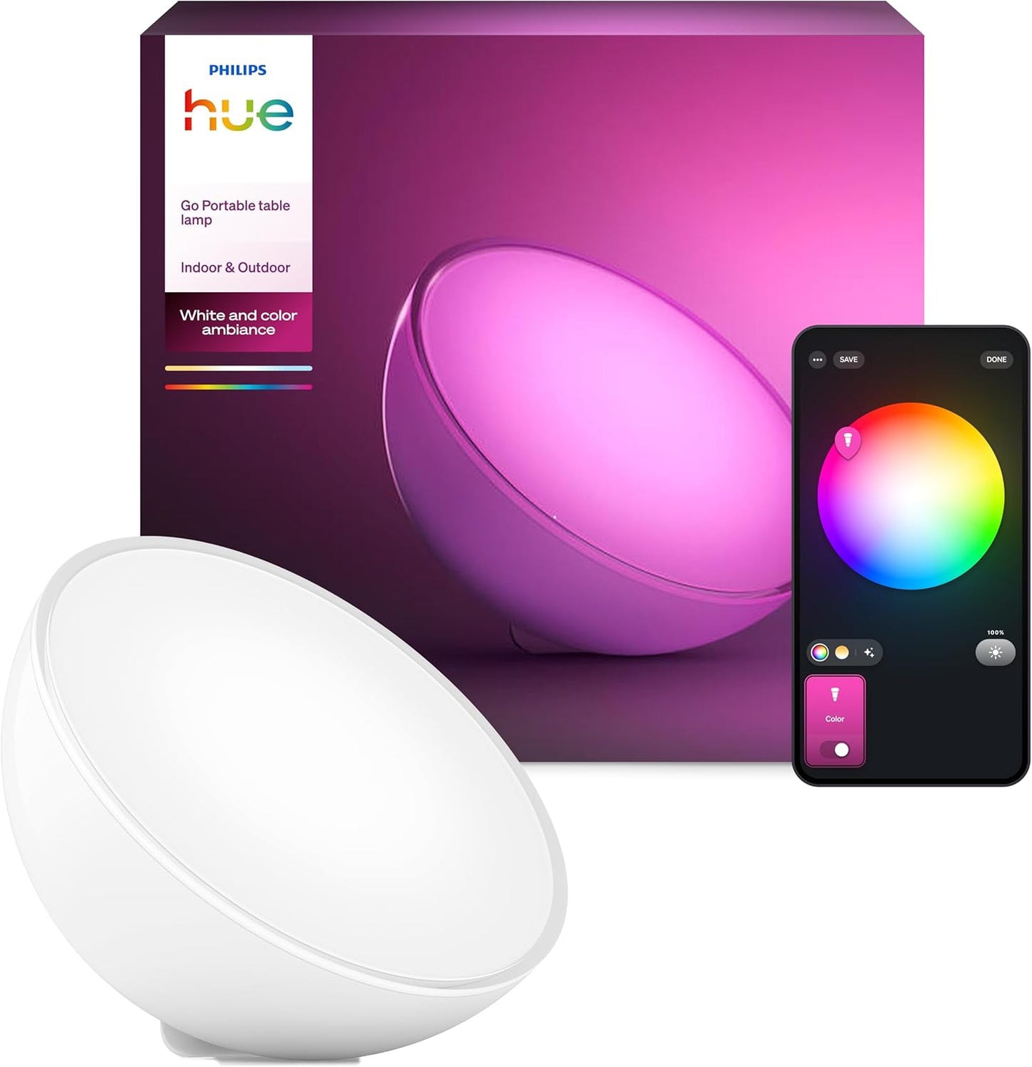Philips Hue Go Portable, White and Color, Lampe À Poser, Lampe Connectée Philips Avec Bluetooth Et Compatible Avec Alexa, Google Assistant Et Apple Homekit