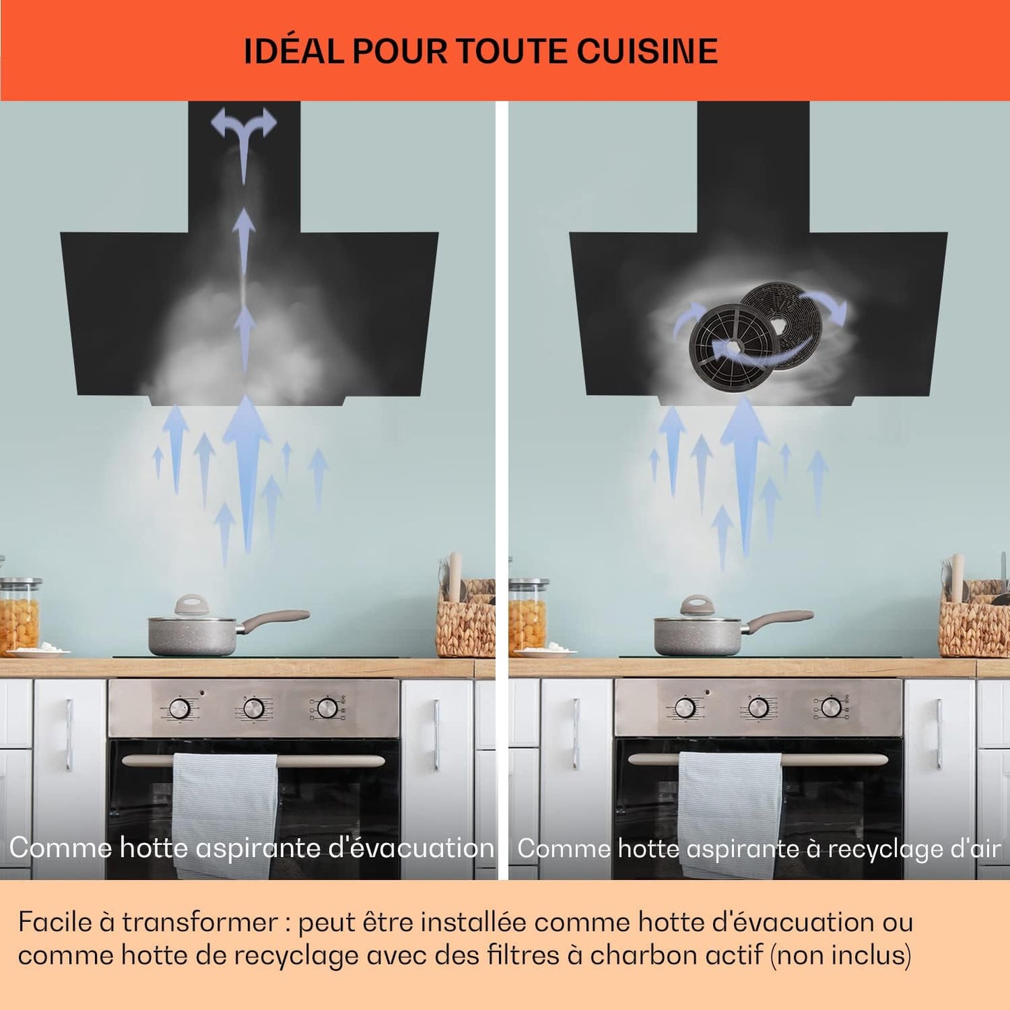 Hotte Aspirante 90Cm, Hottes De Cuisine, Filtre De Hotte À Graisse En Aluminium, Débit D'Air Puissant 514 M³/H Et Silencieux, Eclairage LED, Hottes Aspirantes Dégraissante, Wi-Fi, Class A++