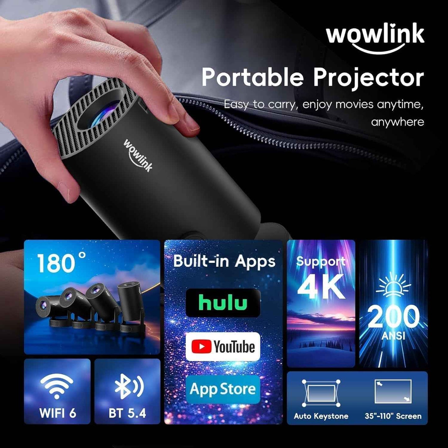 [Apps Intégrées & 2026 Upgraded] Vidéoprojecteur Avec Wifi 6 Et Bluetooth | Projecteur Supporte 4K 1080P Auto Keystone Rotation 180° Compatibile Avec HDMI/TV Stick/Memory Stick/Laptop, Noir