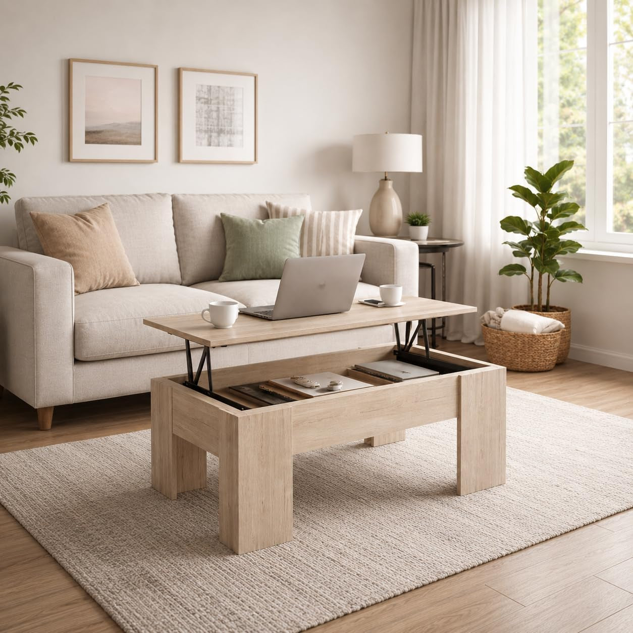 Table Basse Relevable Bois Clair. 100 X 45 X 50 Cm. Table De Salon Avec Compartiment Moderne. Table Basse Avec Plateau Relevable