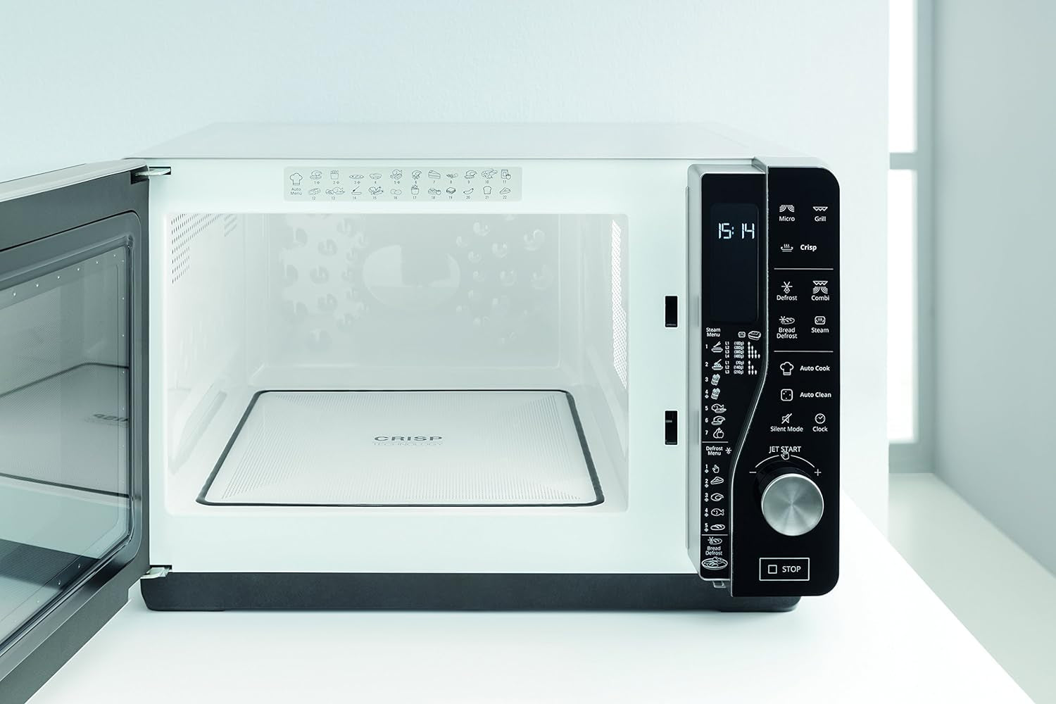 Whirlpool MWF 427 SL Four À Micro-Ondes Extra Space + Grill, 25 Litres, Argent, Avec Steamer, Grille Haute Et Plate Crisp + Poignée, 800 + 1000 W