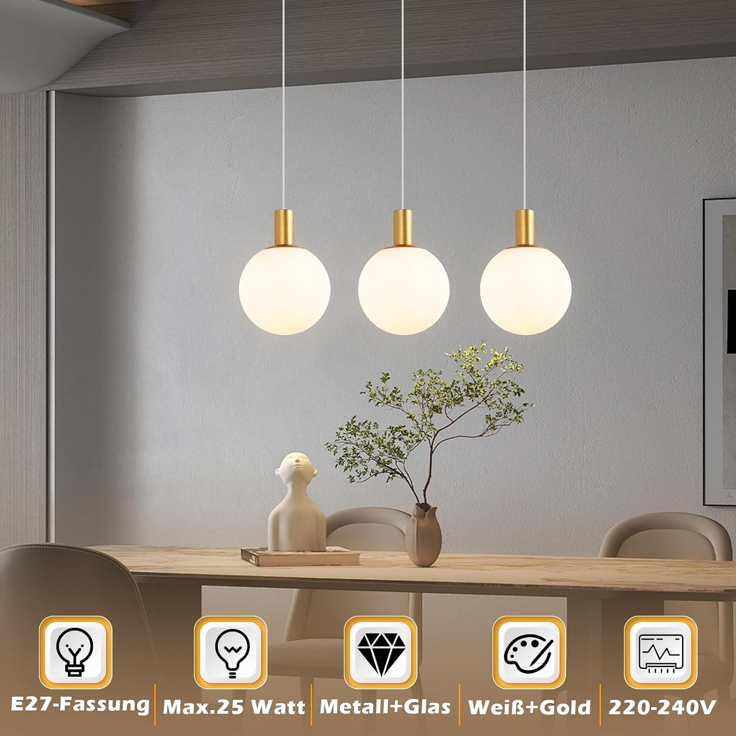 Suspension Table À Manger En Verre - E27 or Lampe À Suspension 3 | Flammes Lampe De Table À Manger Suspendue Lustre Réglable En Hauteur Pour Salon Chambre Cuisine Salle À Manger Sans Ampoules