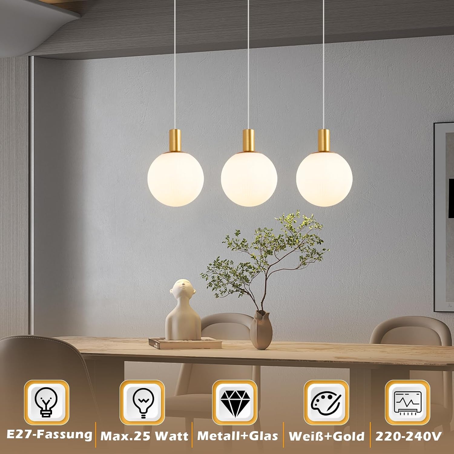 Suspension Table À Manger En Verre - E27 or Lampe À Suspension 3 | Flammes Lampe De Table À Manger Suspendue Lustre Réglable En Hauteur Pour Salon Chambre Cuisine Salle À Manger Sans Ampoules