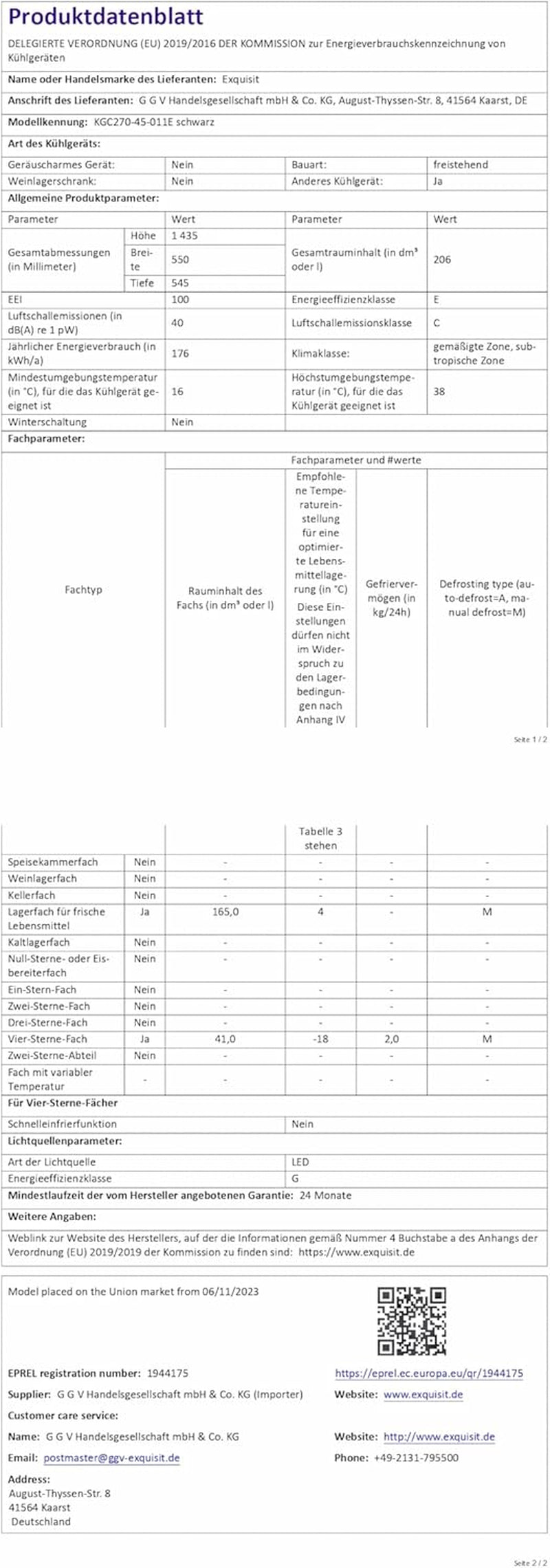 Exquisit Réfrigérateur-Congélateur KGC270-45-010E Noir | Appareil Sur Pied | Volume 205 L | Noir