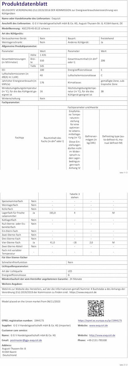 Exquisit Réfrigérateur-Congélateur KGC270-45-010E Noir | Appareil Sur Pied | Volume 205 L | Noir