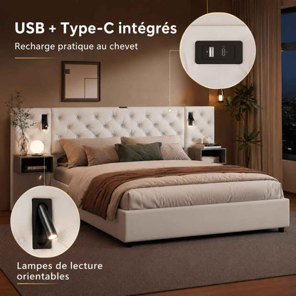 Lit Coffre 140X200 Cm Avec Sommier, Lit Complet En Velours Avec Tables De Chevet, Lit Double Avec Lampes De Lecture, Tête De Lit Avec USB Et USB-C, Pour Adultes (Blanc Cassé, 140 X 200 Cm)