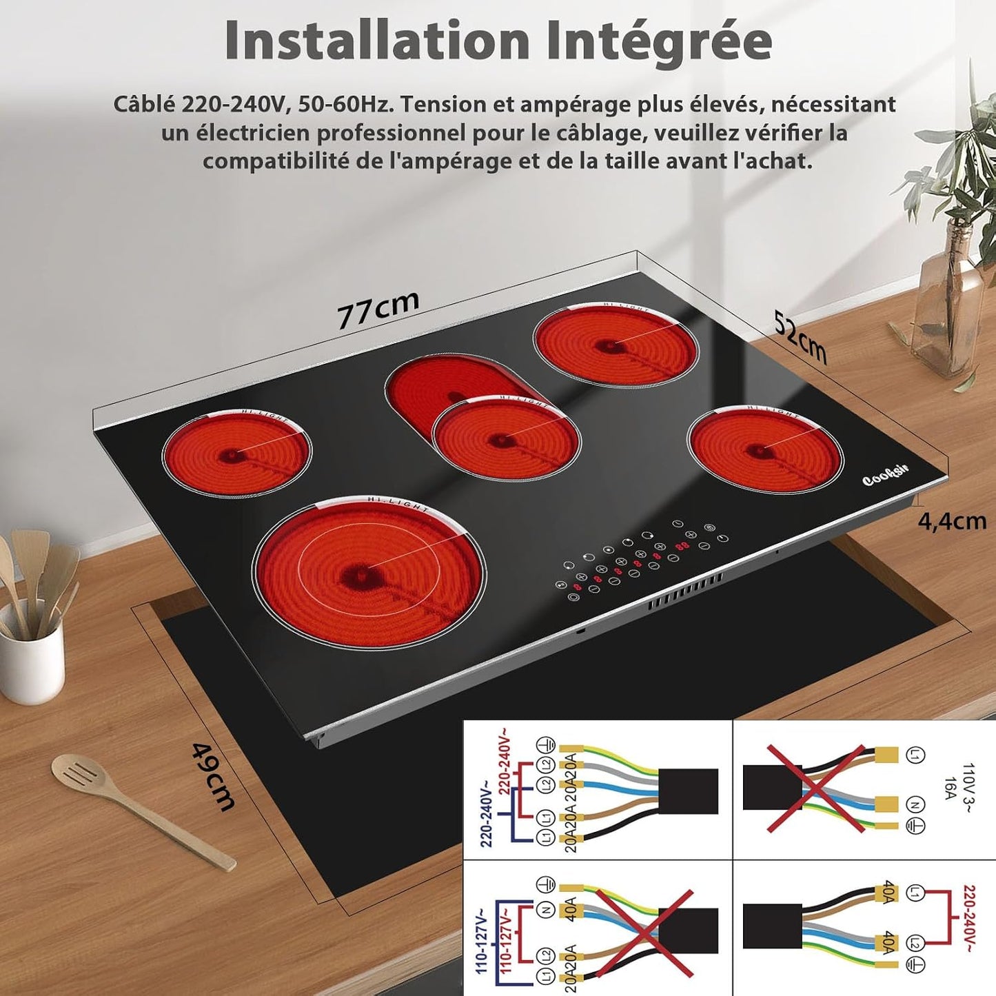 Plaque Vitrocéramique 5 Feux Avec Cadre | Plaque Électrique Encastrable 77CM, Contrôle Tactile Indépendant, 8400W, Zone Ovale Pour Grillade, Pause, Minuterie, 220V