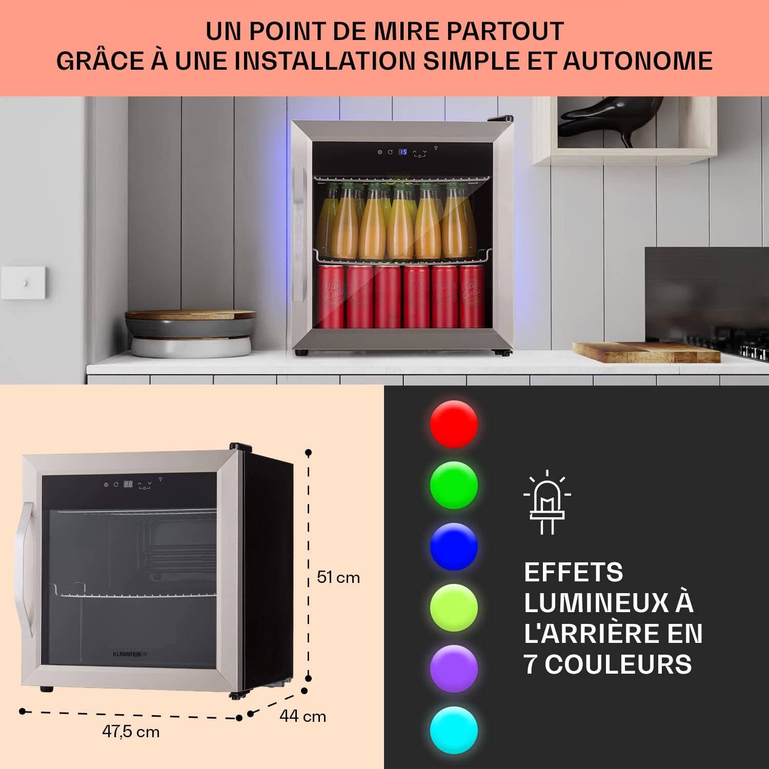 Mini Frigo De Chambre, Frigo À Bière, Mini Bar, Refrigerateur Aliments, Boissons, Contrôle Iot/App, Petit Réfrigérateur Camping Silencieux, Frigo Cosmetique, Etagères Amovibles, 0-13°C, 50L