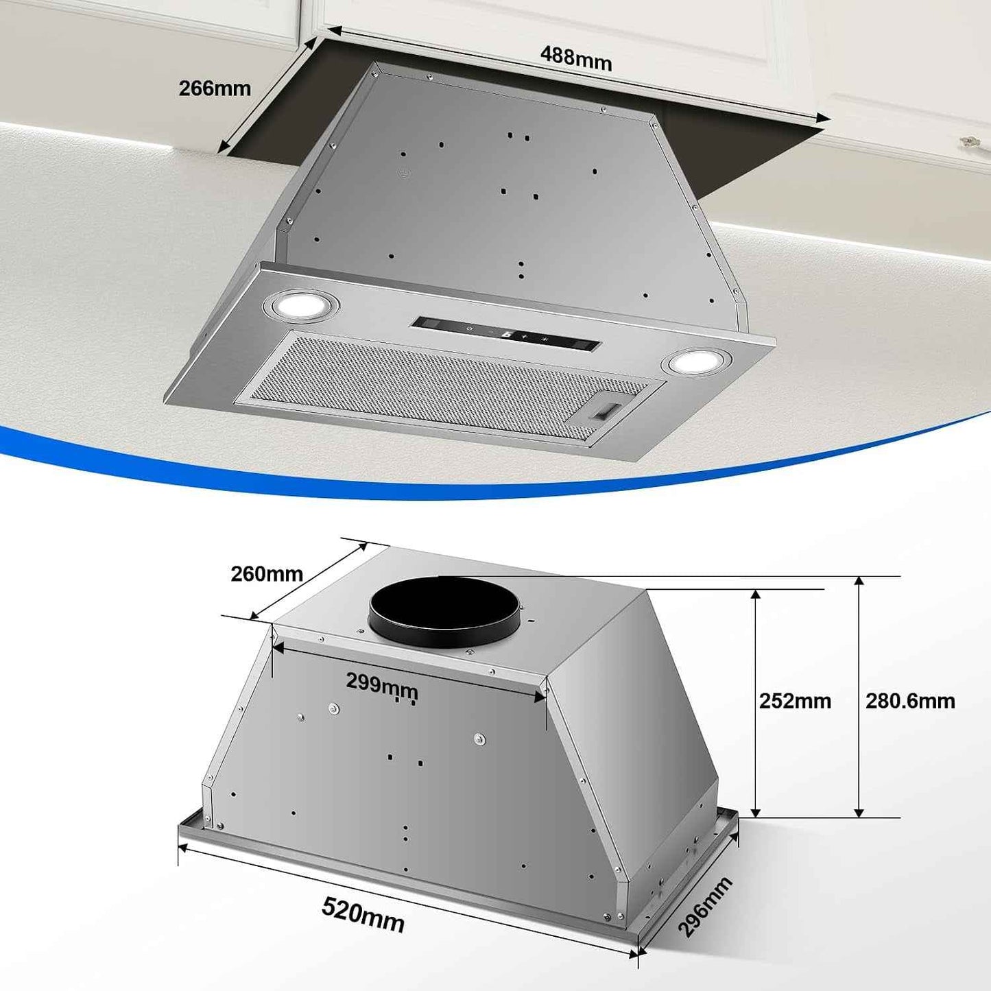 Hotte Aspirante 52Cm Encastrable, 400M³/H Hotte Cuisine, 3 Vitesses & Fonction Booster, Gestuelle, Tactile, Éclairage LED, Évacuation & Recyclage D'Air Avec Filtre À Charbon Et Conduit