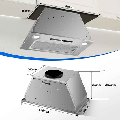 Hotte Aspirante 52Cm Encastrable, 400M³/H Hotte Cuisine, 3 Vitesses & Fonction Booster, Gestuelle, Tactile, Éclairage LED, Évacuation & Recyclage D'Air Avec Filtre À Charbon Et Conduit