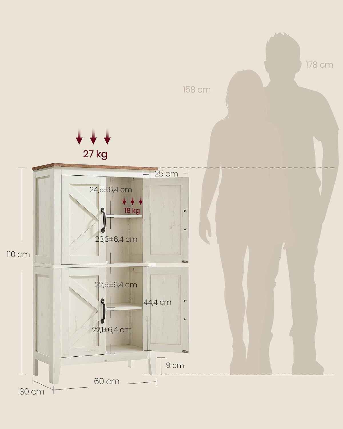 LIRY Collection – Armoire De Rangement Avec Portes De Grange, Buffet Haut, Style Ferme, Pour Cuisine, Salle De Bain, Salon Ou Salle À Manger, Étagères Réglables, Blanc Rustique BBK773W01