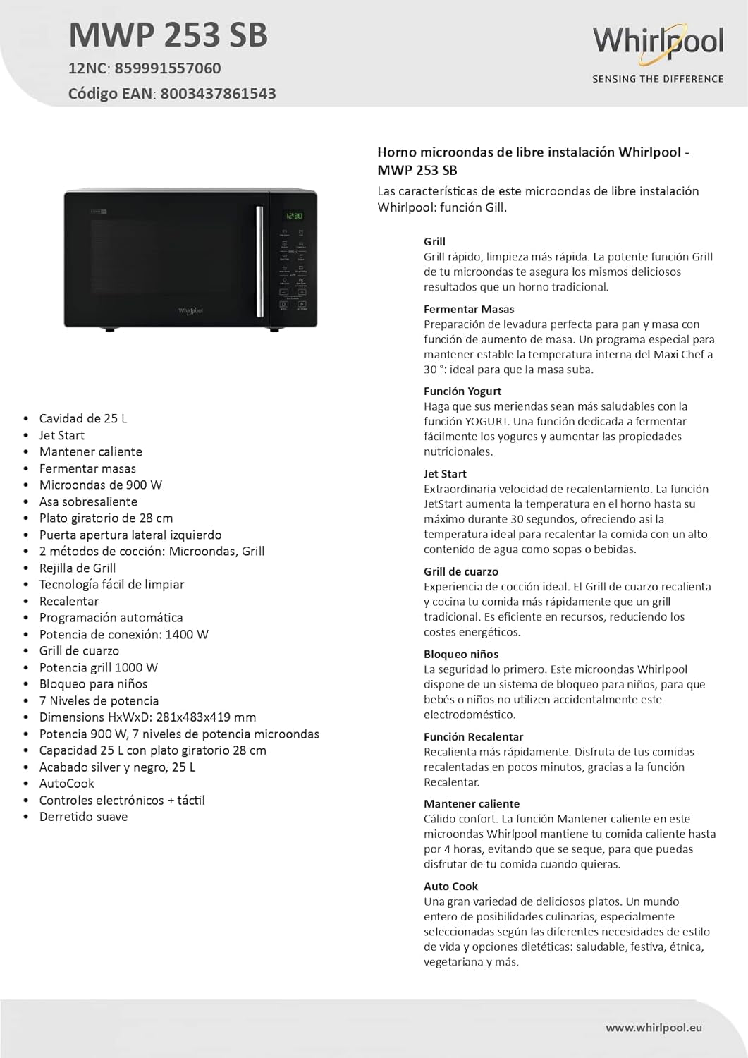 Whirlpool; Comptoir Micro-Ondes MWP253SB