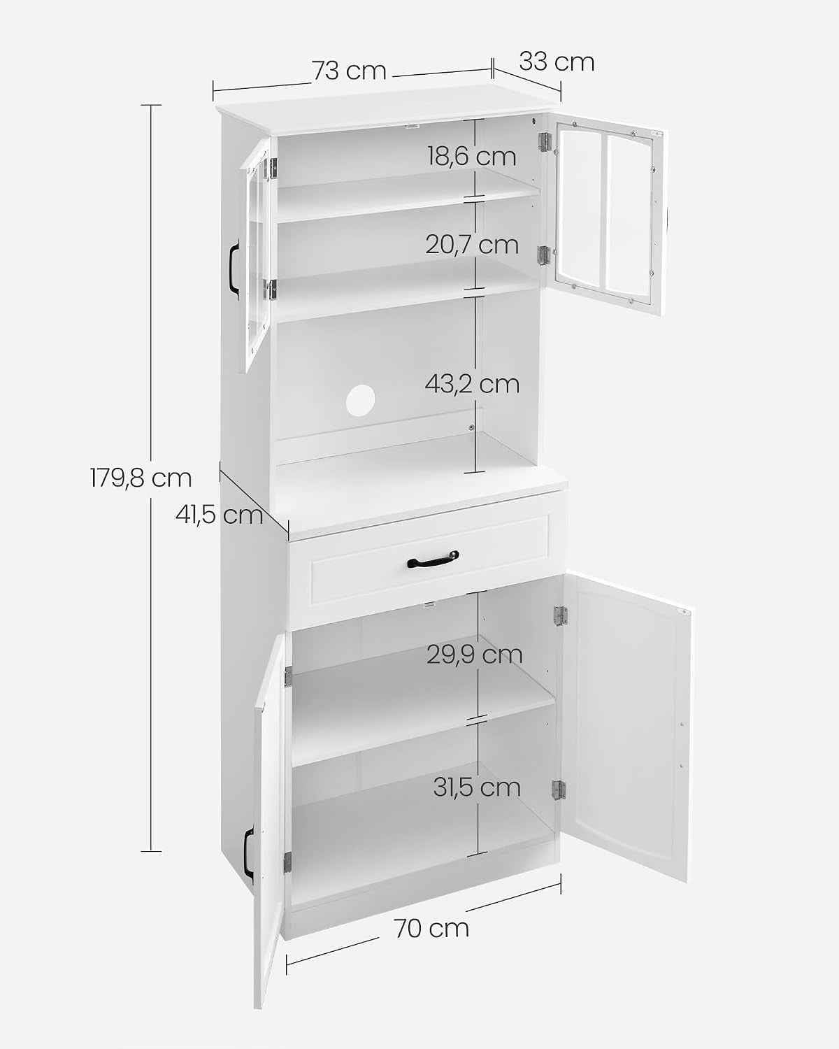 Buffet Haut Cuisine, Meuble De Rangement, Garde-Manger, Vaisselier, Avec Portes En Verre Et Étagères Réglables, Trou De Passage Des Câbles, Pour Micro-Ondes, Style Moderne, Blanc LSC361W21 | Armoire Multi-Usages Avec Étagères Réglables, Trou De Câble, Sty