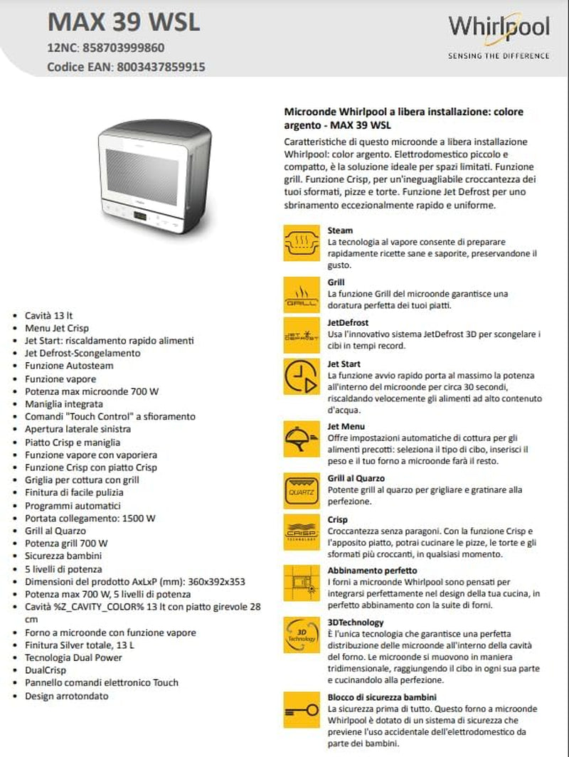 Whirlpool Max 39 WSL - Four À Micro-Ondes Et Grill, 13 Litres, Argenté, Avec Cuit-Vapeur, Grille Haute, Assiette Avec Poignée Amovible Pour Fonction Crisp, Silencieux (0 Décibel), En Acier, Blanc