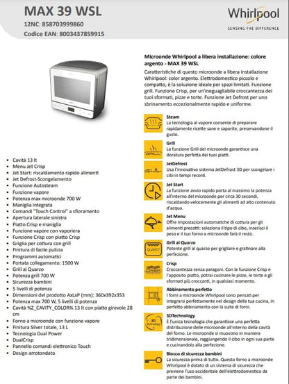 Whirlpool Max 39 WSL - Four À Micro-Ondes Et Grill, 13 Litres, Argenté, Avec Cuit-Vapeur, Grille Haute, Assiette Avec Poignée Amovible Pour Fonction Crisp, Silencieux (0 Décibel), En Acier, Blanc