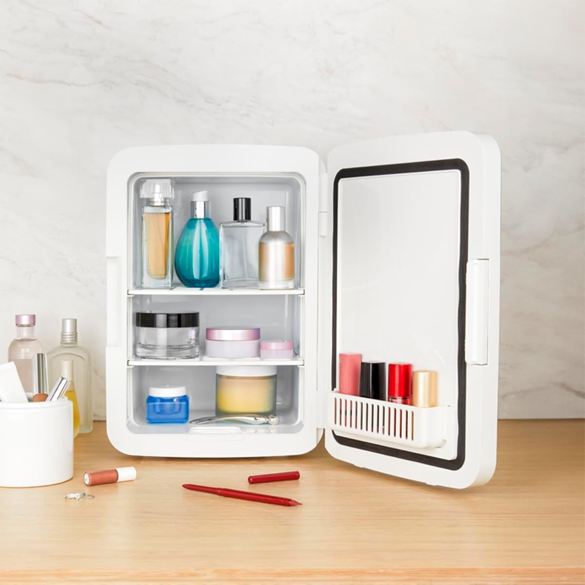 SCMF10W, Mini Frigo Cosmétique 9L, Refroidissement Et Chauffage, Miroir Avec LED, Etagères, Blanc
