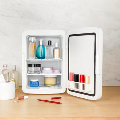 SCMF10W, Mini Frigo Cosmétique 9L, Refroidissement Et Chauffage, Miroir Avec LED, Etagères, Blanc
