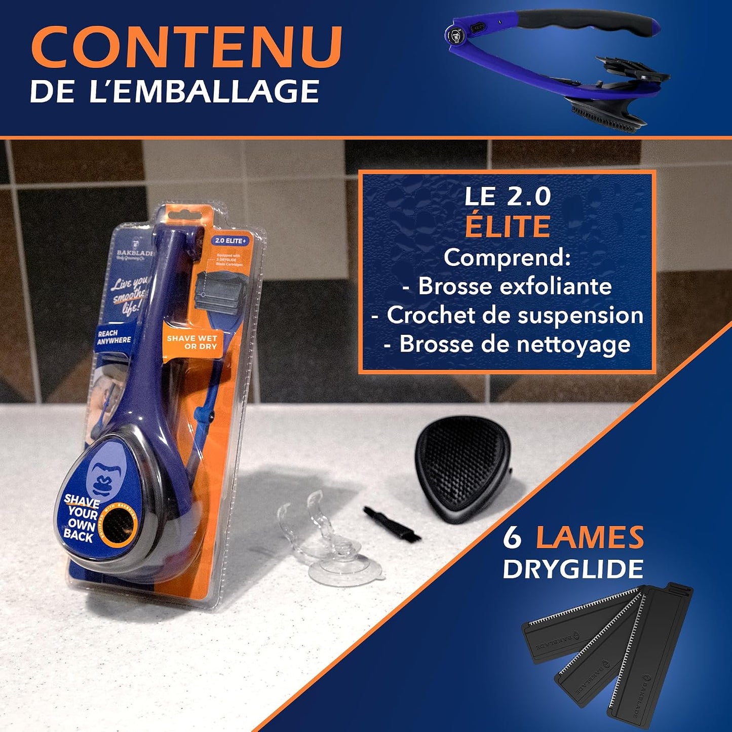 2.0 Elite - Rasoir De Dos Et Corps Pour Homme - 3 Lames Technologie Dryglide, Rasage Humide Ou Sec + Lames Rasoir Supplémentaires, Pinceau De Nettoyage - Poignée Ergonomique - Épilation Dos