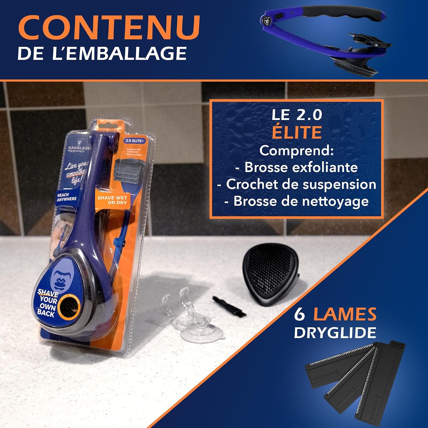 2.0 Elite - Rasoir De Dos Et Corps Pour Homme - 3 Lames Technologie Dryglide, Rasage Humide Ou Sec + Lames Rasoir Supplémentaires, Pinceau De Nettoyage - Poignée Ergonomique - Épilation Dos