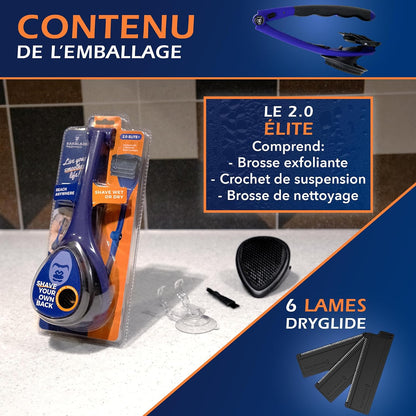 2.0 Elite - Rasoir De Dos Et Corps Pour Homme - 3 Lames Technologie Dryglide, Rasage Humide Ou Sec + Lames Rasoir Supplémentaires, Pinceau De Nettoyage - Poignée Ergonomique - Épilation Dos