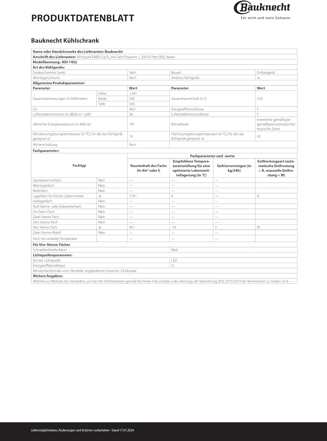 KDI 14S2 Réfrigérateur/Congélateur Encastrable/Classe D'Efficacité Énergétique : E/Niche 145 / Réglage Électronique De La Température/Éclairage Led/Dégivrage Automatique Dans La