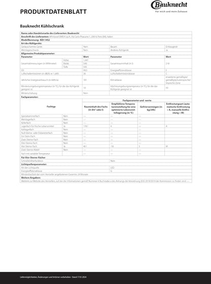 KDI 14S2 Réfrigérateur/Congélateur Encastrable/Classe D'Efficacité Énergétique : E/Niche 145 / Réglage Électronique De La Température/Éclairage Led/Dégivrage Automatique Dans La