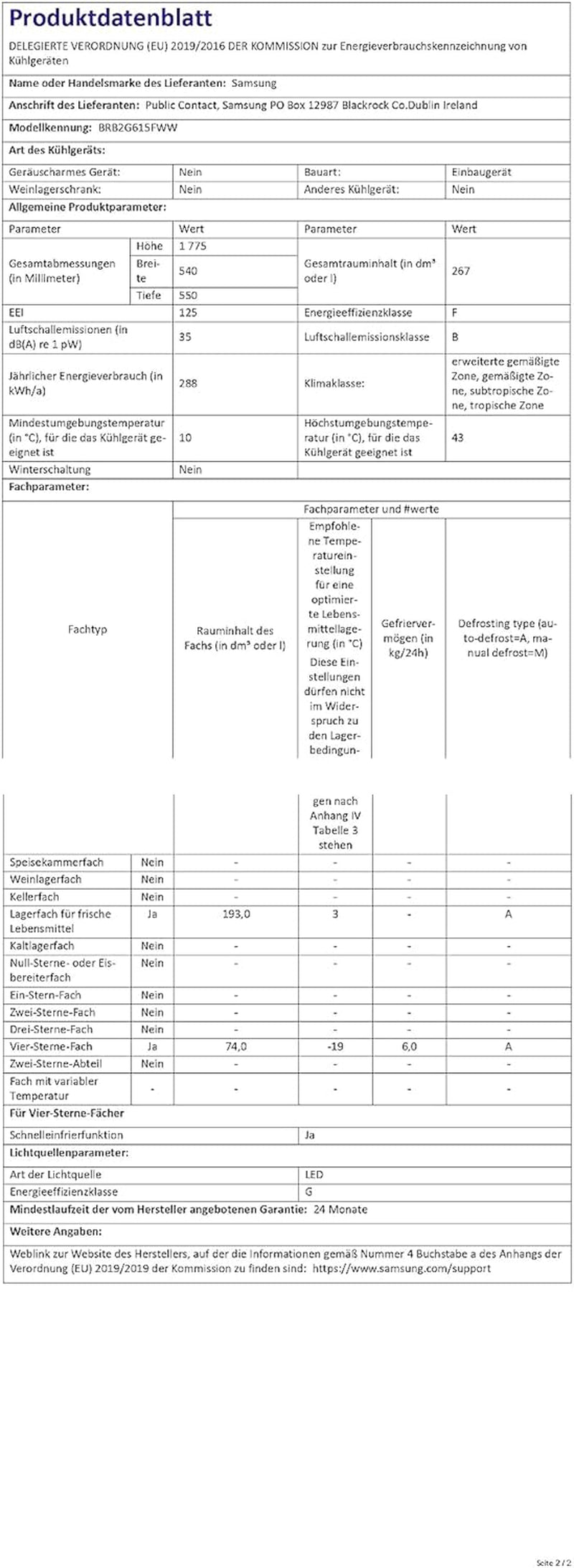 BRB2G615FWW/EG Réfrigérateur-Congélateur Intégré (Placement) 267 L F Blanc