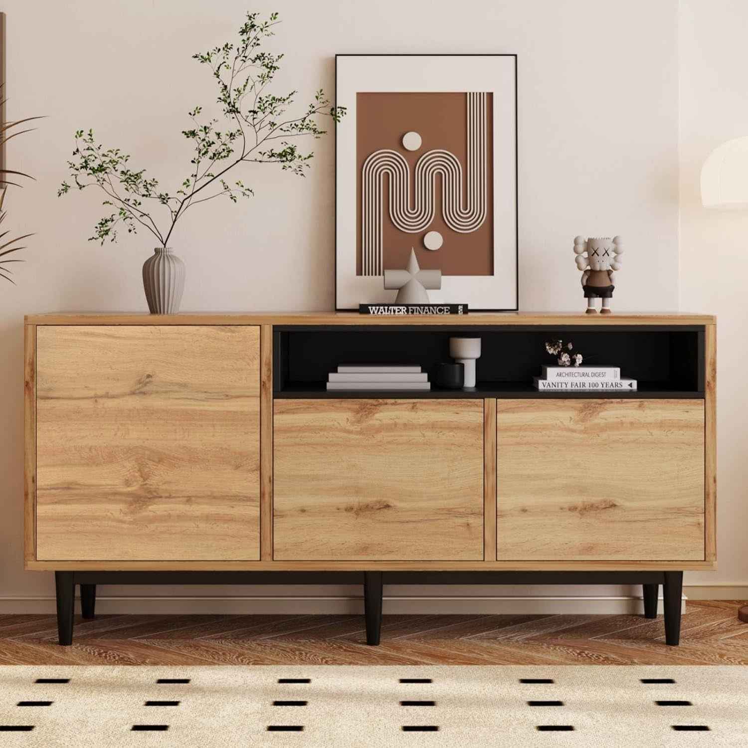 Buffet Moderne En Grain De Bois, Armoire De Rangement À 3 Portes Et Compartiment Ouvert, Noir, Multifonction Pour Salon, Chambre À Coucher, Cuisine (Naturel-C)