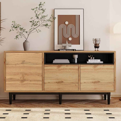 Buffet Moderne En Grain De Bois, Armoire De Rangement À 3 Portes Et Compartiment Ouvert, Noir, Multifonction Pour Salon, Chambre À Coucher, Cuisine (Naturel-C)