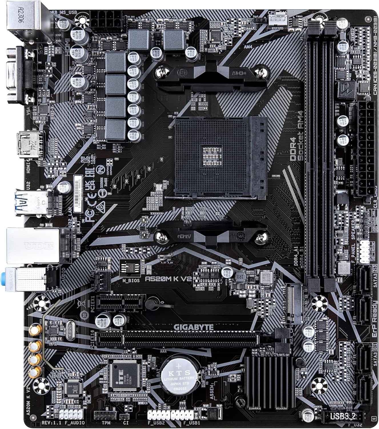Carte Mère A520M K V2 - Prend En Charge Les Processeurs AMD Ryzen Série 5000 AM4, Jusqu'À 5100Mhz DDR4 (OC), Pcie Gen3 X4 M.2, LAN Gbe, USB 3.2 Gen 1