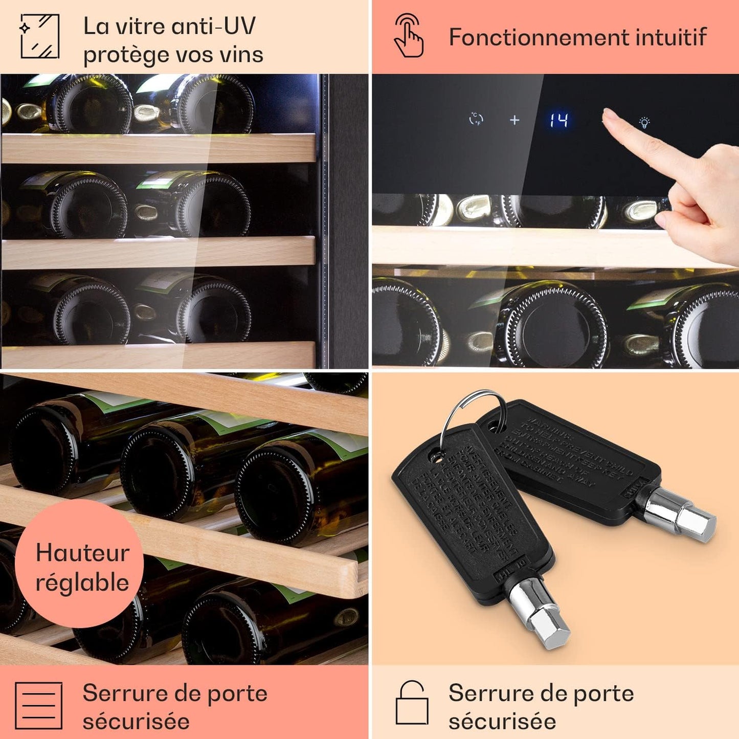 Cave a Vin, Réfrigérateur À Vin Avec Porte En Verre, Cave À Vin De Vieillissement, Zone Unique, Prosecco, Bière, Ecran Tactile, Réfrigérateur Bar, Frigo, Protection UV, 5-18°C, 38 Bouteilles