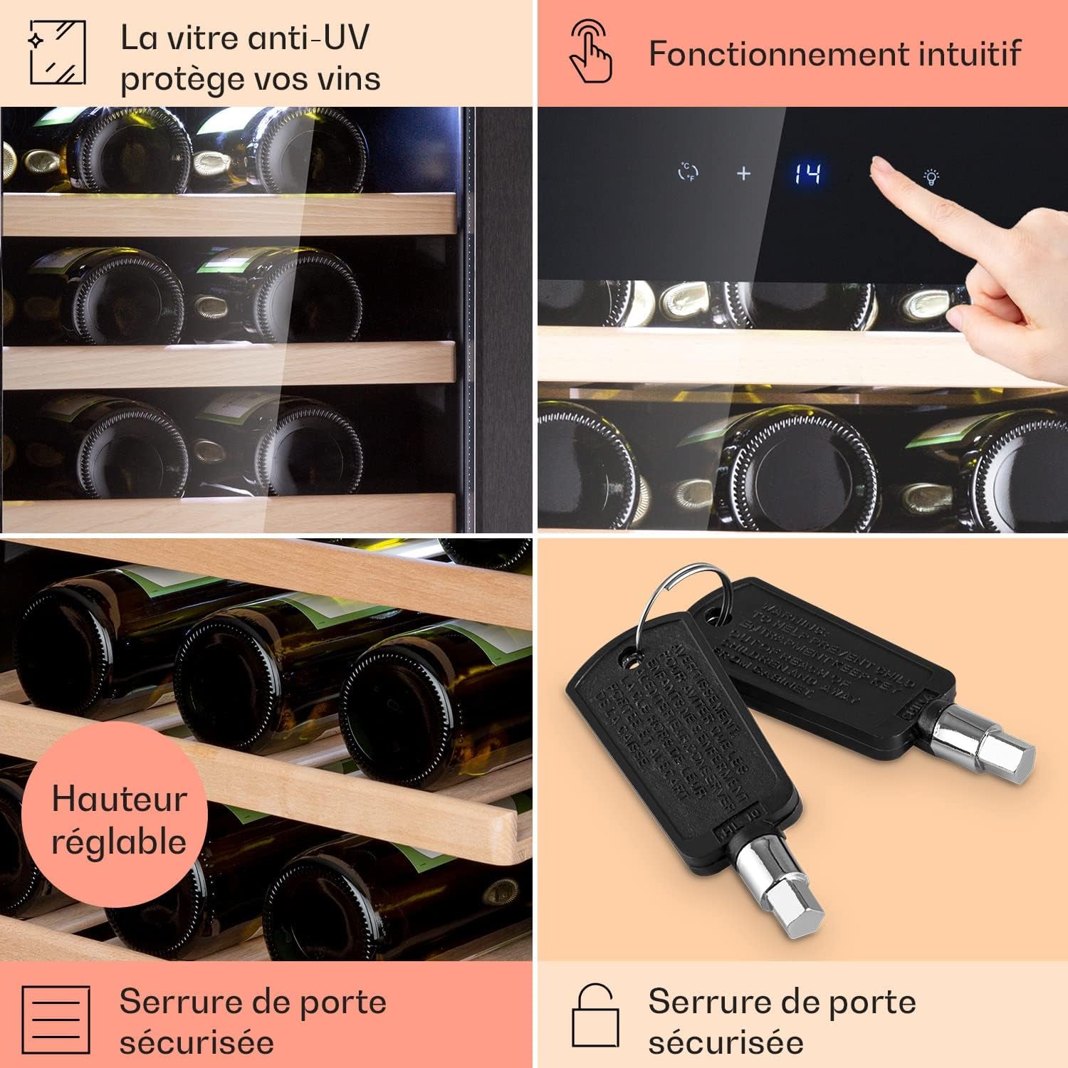 Cave a Vin, Réfrigérateur À Vin Avec Porte En Verre, Cave À Vin De Vieillissement, Zone Unique, Prosecco, Bière, Ecran Tactile, Réfrigérateur Bar, Frigo, Protection UV, 5-18°C, 38 Bouteilles