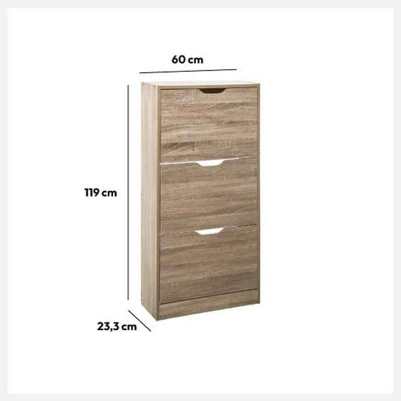 5Five - Meuble Range-Chaussures Drawy 3 Tiroirs Effet Chêne Naturel - 60 X 23 X 119 Cm, Capacité 18 Paires - Pour Entrée, Couloir, Rangement