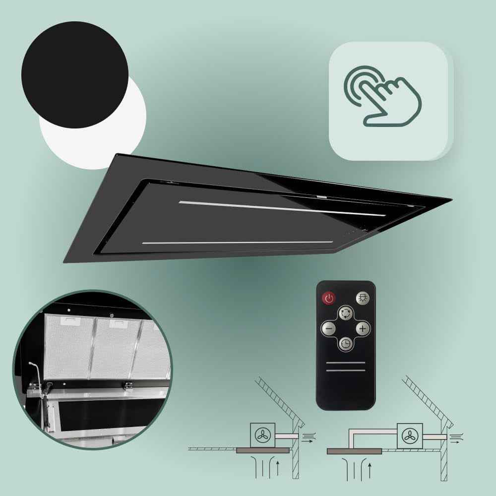 Hotte Aspirante De Plafond, 120 Cm, GCH C 341 Prime, Moteur D'Aspiration À Recirculation, 1000 M³/H, En Verre, Noir, Avec Télécommande, Classe D'Efficacité Énergétique A
