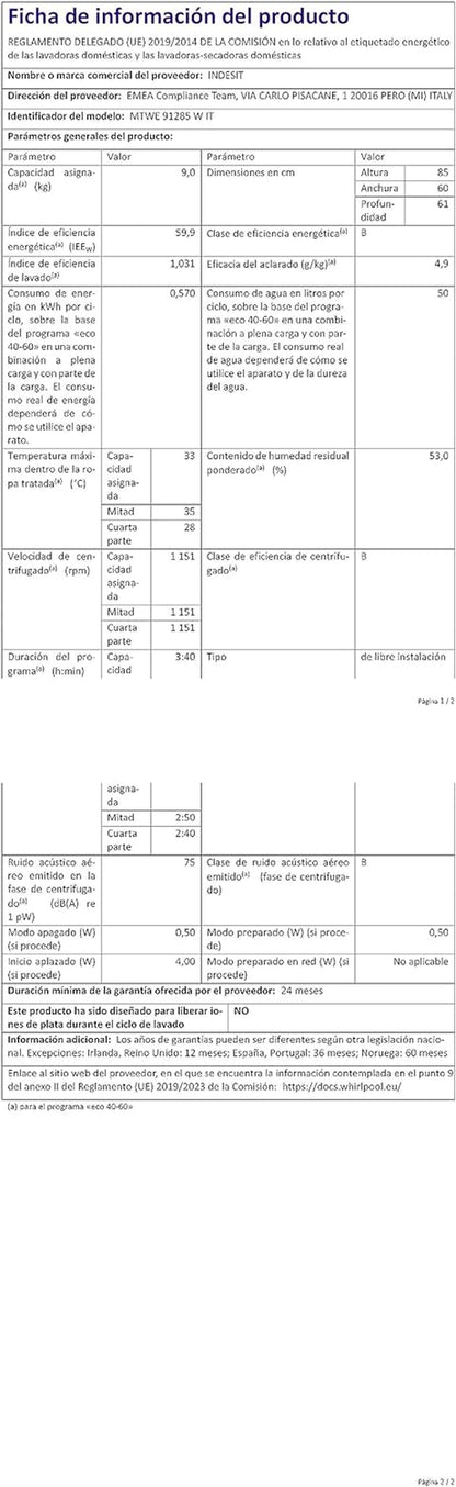 Lavatrice Libère L'Installazione Indesit MTWE 91285 W IT
