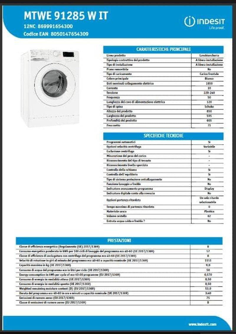 Lavatrice Libère L'Installazione Indesit MTWE 91285 W IT