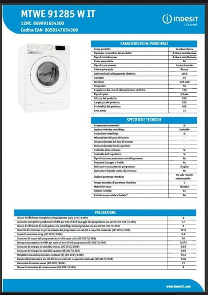 Lavatrice Libère L'Installazione Indesit MTWE 91285 W IT