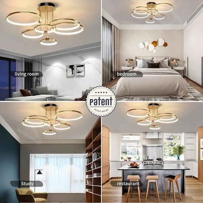 Plafonnier LED, Ø105Cm Lustre Cercle En Métal Doré, 145W Dimmable En Continu 3000-6000K, Pendentif Galvanoplastie Rond Moderne, Chambre Salon Enfants Bureau Étude Cuisine Couloir (6 Anneaux)