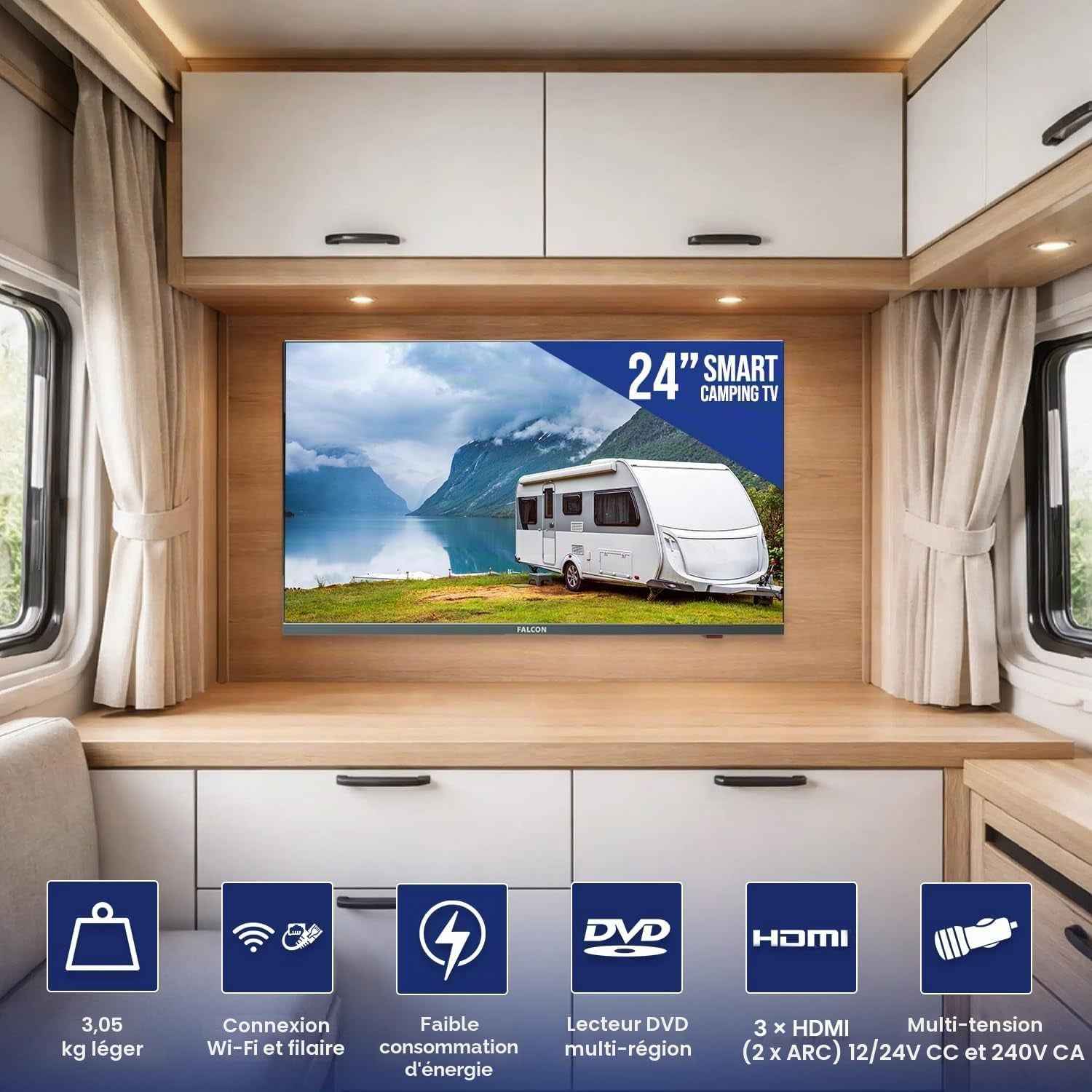 Falcon 24 Inch TV Webos Smart TV Wifi Camping – 12V/24V, Integrated DVD Player, Bluetooth 5.0, USB, Streaming, Freeview, Netflix, Prime Video, Pitch Perfect Television for Campervan