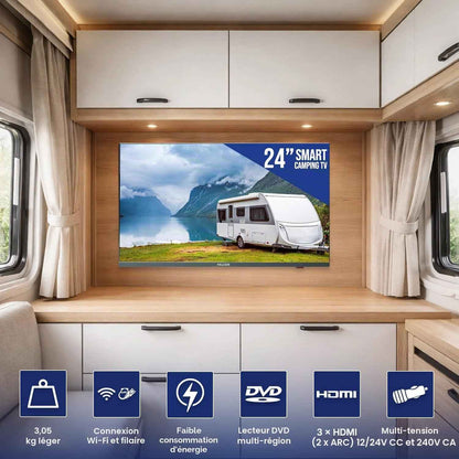 Falcon 24 Inch TV Webos Smart TV Wifi Camping – 12V/24V, Integrated DVD Player, Bluetooth 5.0, USB, Streaming, Freeview, Netflix, Prime Video, Pitch Perfect Television for Campervan